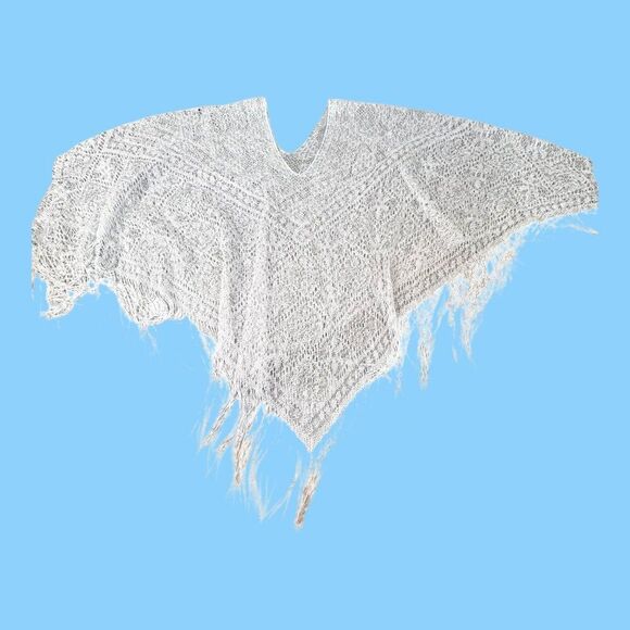 Handcrafted White Crochet Lace Shawl Wrap w Fringe Cape Sweater Overlay One Size - Picture 7 of 8